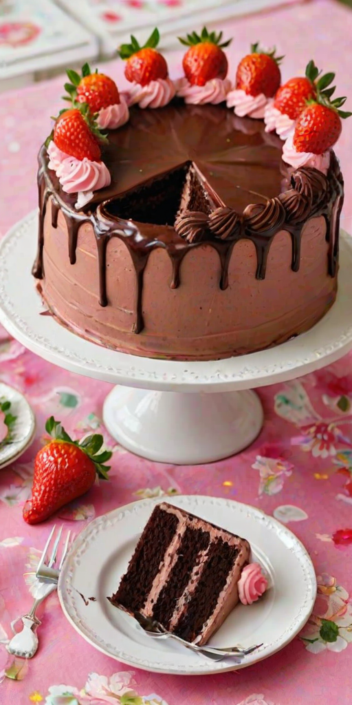 Create an image of a round chocolate cake covered in pink frosting. The cake should have a glossy chocolate ganache drip around the edges and be topped with fresh strawberries and pink whipped cream swirls. Place the cake on a decorative plate surrounded by a floral tablecloth and additional strawberries scattered around.
