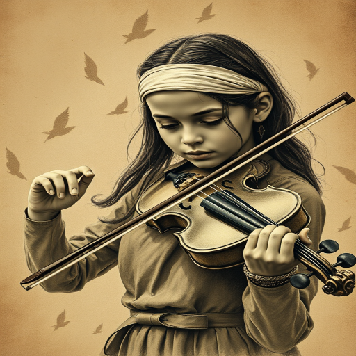a young M'tis woman with a white headband playing a violin, in the style of a charcoal drawing, sepia grunge background