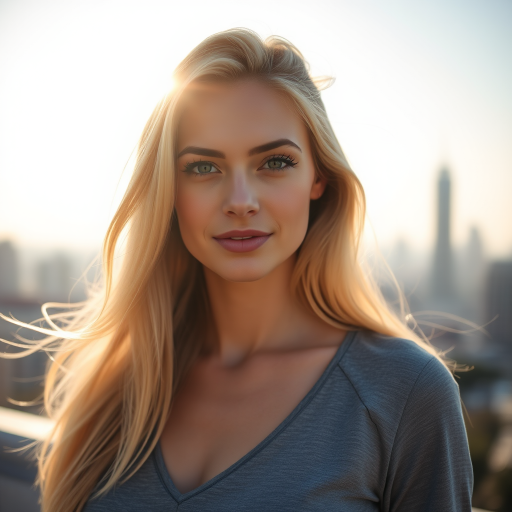 portrait of a blonde woman in a gray top with long flowing hair, soft sunlight illuminating her face, city skyline in the background, DSLR camera, 50mm lens, f/1.8 aperture, ISO 100, golden hour lighting, shallow depth of field
