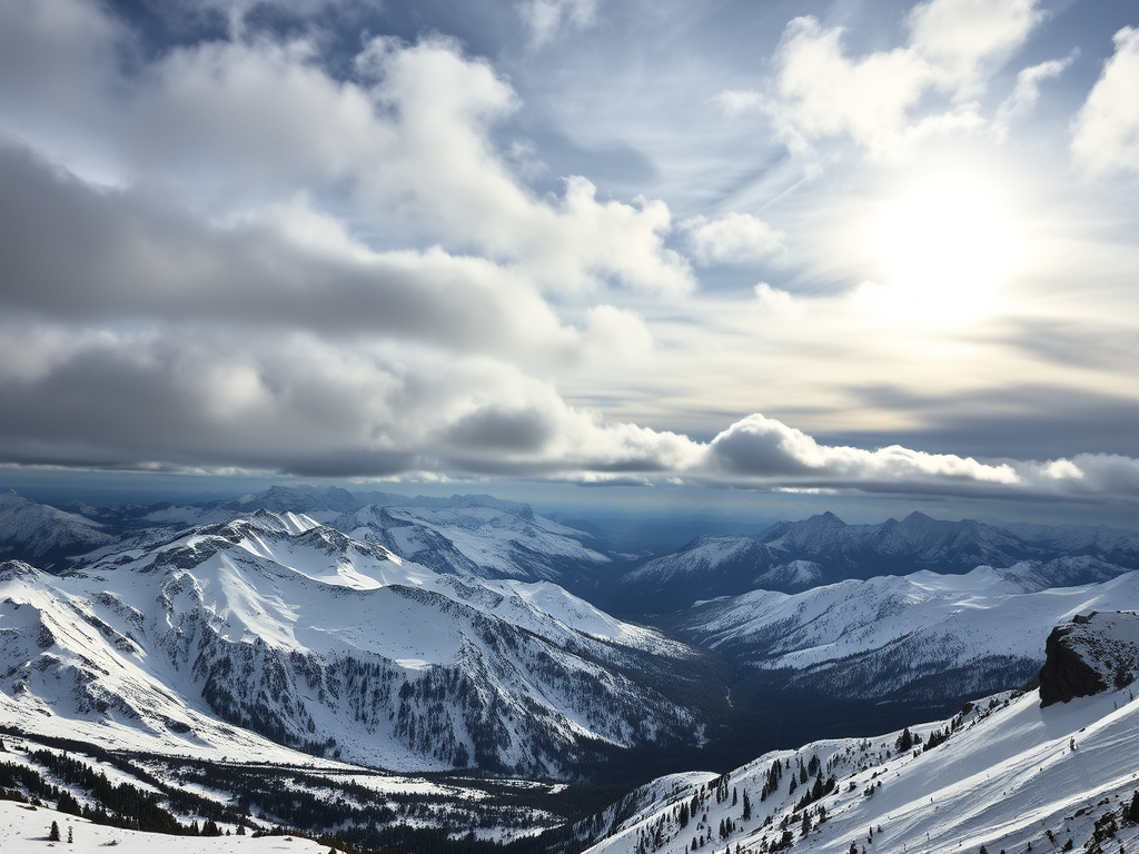Generate an image of a snowy mountain landscape under a moody sky with dramatic clouds and the sun partially obscured, using a wide-angle lens, aperture f/8, ISO 100, 1/200 sec shutter speed, capturing a panoramic view from a high vantage point with enhanced contrast and clarity.