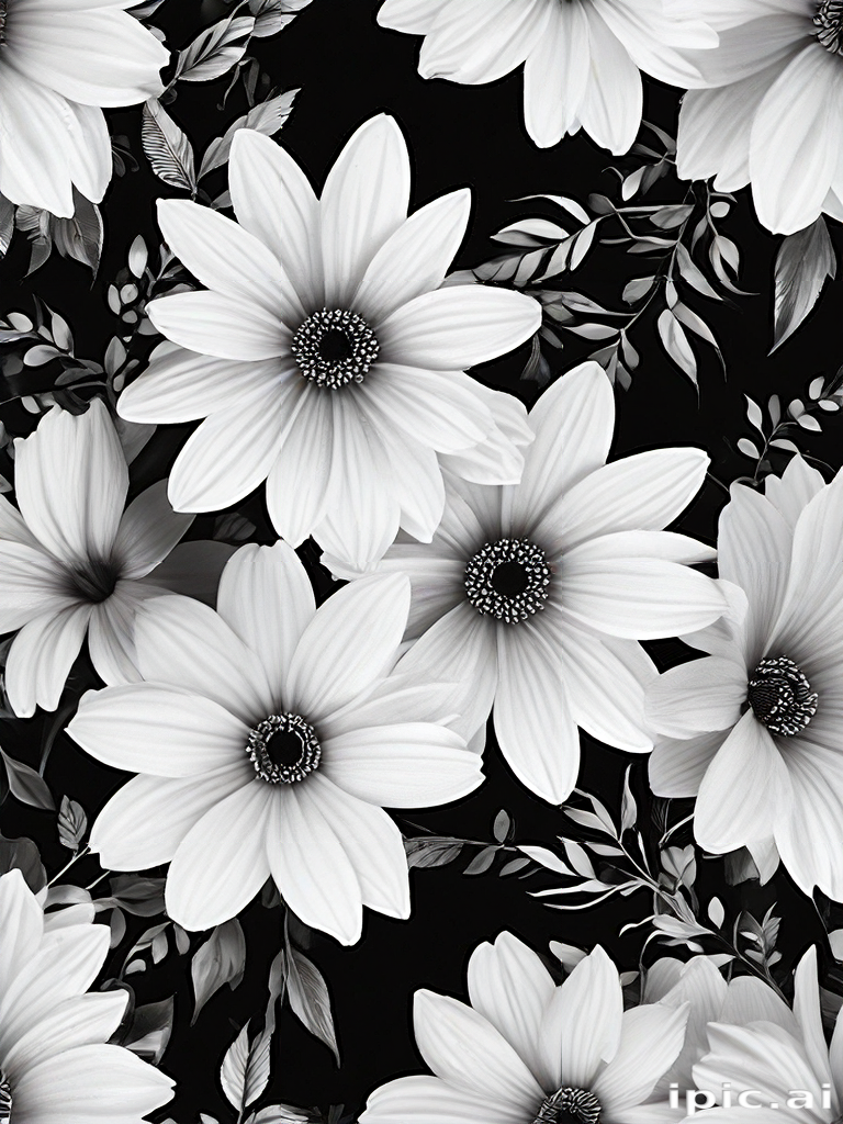 Elegant Black and White Floral Pattern Featuring Lush Blossoms and Leaves