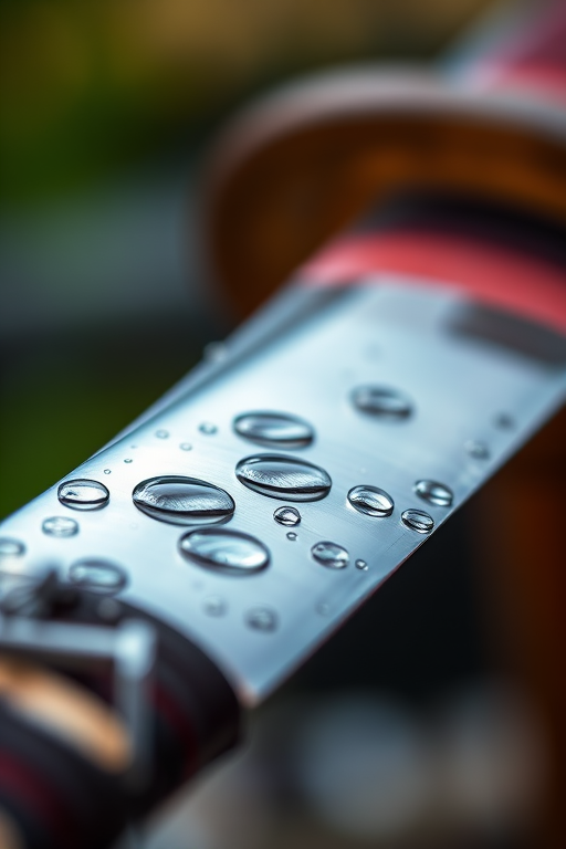 Capture a close-up shot of a katana with water droplets on the blade, using a DSLR camera set to f/2.8, ISO 100, and 1/200 sec shutter speed, with a shallow depth of field and a soft-focus background to enhance the vivid colors and textures.