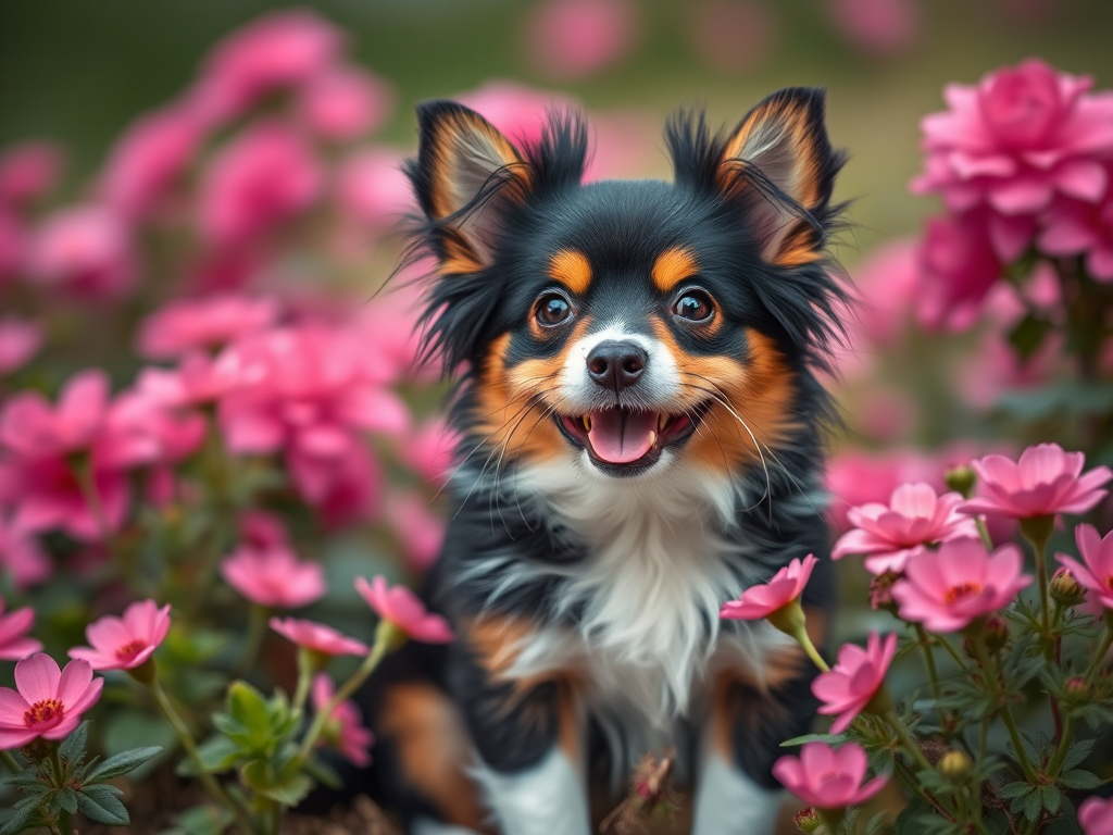 A happy small dog with black, brown, and white fur sitting among pink flowers in a soft-focus background, taken with a Canon EOS R5, 50mm f/1.2 lens, aperture f/2.0, 1/250 sec, ISO 100, portrait mode, natural lighting.