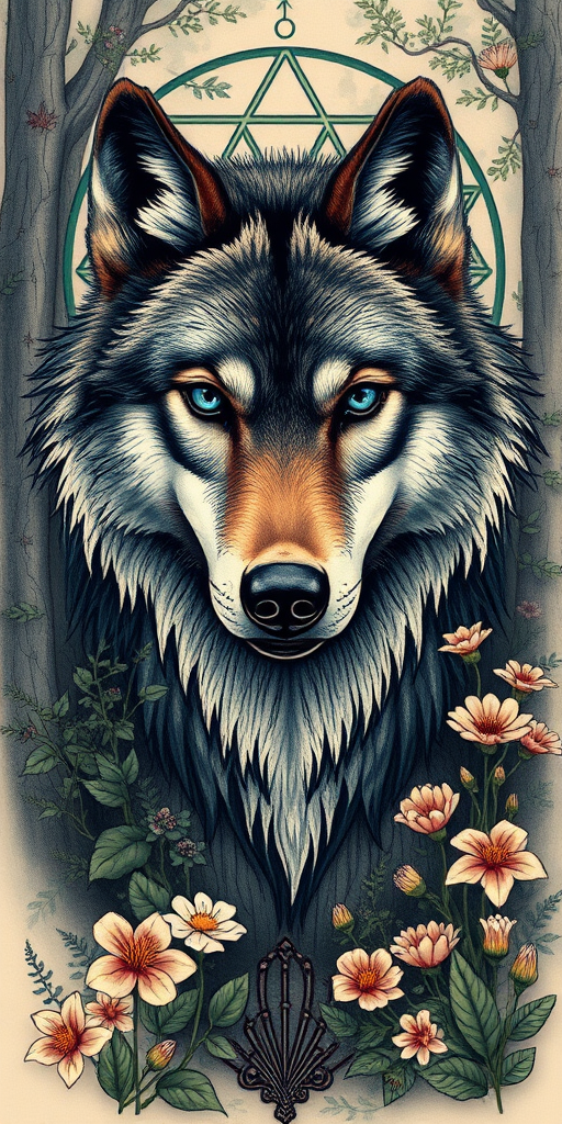 Illustrative realism tattoo titled "Nature's Guardian" depicting a majestic wolf with piercing blue eyes emerging from a lush forest scene, rendered in stunning detail with lifelike fur textures and subtle color gradients, surrounded by intricate foliage and delicate wildflowers, incorporating elements of sacred geometry in the background to symbolize the interconnectedness of all living things, perfect for nature lovers seeking a breathtaking and meaningful tattoo that celebrates the beauty and power of the natural world