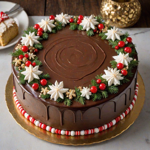 Create an image of a festive cake decorated with a chocolate frosting base. The top should feature a wreath of white and red decorations, including whipped cream flowers, fresh berries, gingerbread cookies, candy canes, and gold chocolate truffles. Add small edible snowflakes and a touch of greenery for a seasonal touch. The cake should have a smooth finish with a drizzle of chocolate around the edges.
