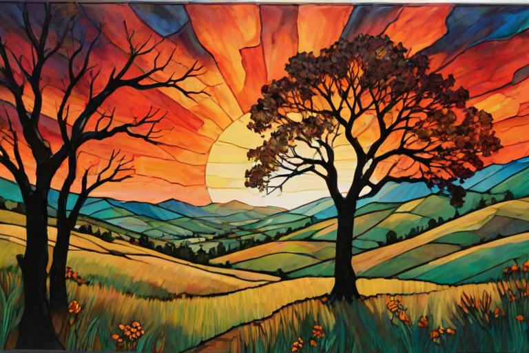 A vibrant abstract painting on Tiffany Glass, blending acrylic and alcohol ink techniques, captures a dramatic sunset over rolling hills. The artwork features a textured, rocky foreground in green and brown, layered abstract hills, and a striking sunset in rich oranges, yellows, and reds. A solitary black tree with intricate branches contrasts against the fiery sky, creating a dynamic and expressive portrayal of a breathtaking natural scene.