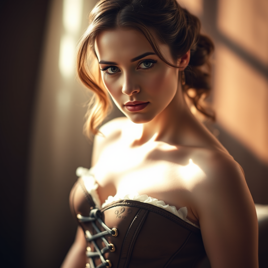 portrait of a woman in a vintage corset with dramatic lighting, soft focus, studio setting, 85mm f/1.4 lens, ISO 100, shutter speed 1/125, natural light, high definition, cinematic style