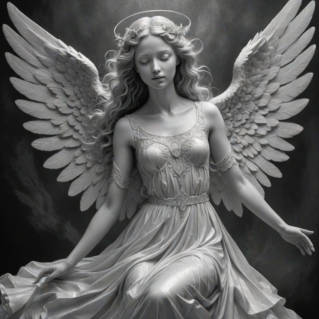 An angel, crafted in the unique style of Folk Art, as she unfolds herself against an ethereal backdrop, her wings softly billowing, face radiating a heavenly glow, every curl in her strikingly serene countenance finely brushed, monochrome, detailed techniques, ultra fine, breathtaking surreal masterpiece