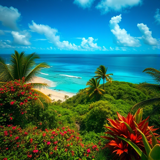 tropical island landscape with vibrant colors and dramatic lighting, DSLR camera, aperture f/8, ISO 100, shutter speed 1/200 sec, wide-angle lens, capturing lush vegetation and a serene ocean, soft focus on background, high dynamic range imaging