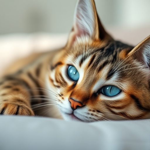 A close-up shot of a relaxed tabby cat lying on a soft, blurred background, using a Canon EOS R5 with a 50mm f/1.2 lens, aperture set to f/1.8, ISO 200, shooting in natural light to enhance the cat's vivid blue eyes and detailed fur texture.