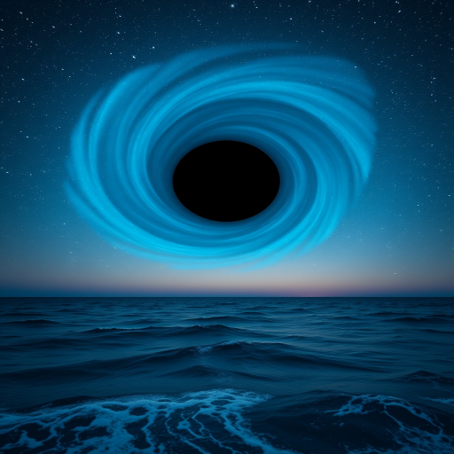 Generate an image of a swirling blue black hole above a vast ocean with vibrant stars scattered in the night sky, using a wide-angle lens, f/2.8 aperture, ISO 100, and a 24mm full-frame camera to enhance clarity and detail.