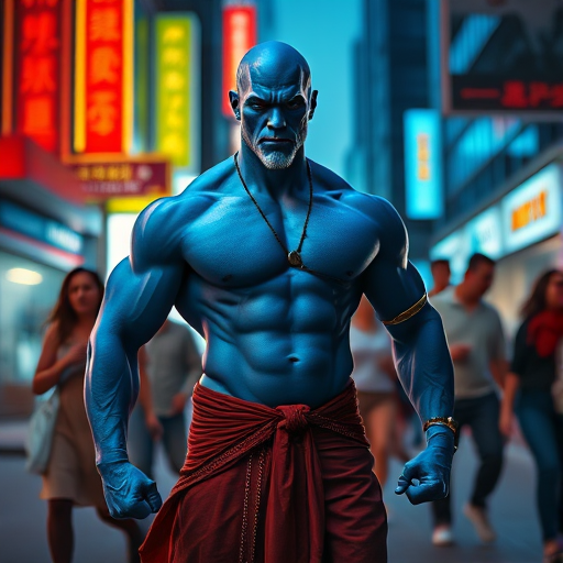 depict a muscular blue-skinned male figure inspired by mythology standing confidently in a busy urban setting, with vibrant neon lights and blurred motion of pedestrians around him, captured with a Canon EOS R5, 50mm lens, f/1.8 aperture, ISO 100, shot at dusk for enhanced lighting and depth of field