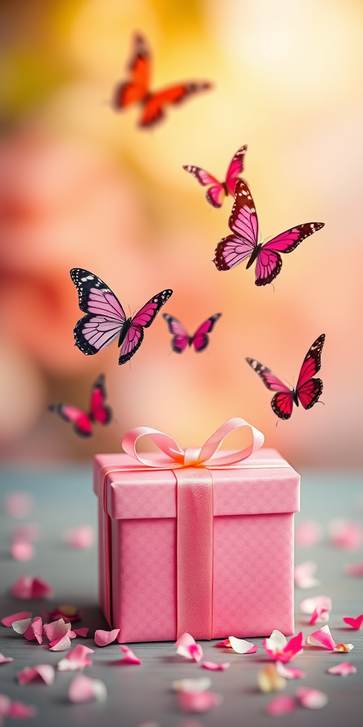 Create a vibrant image of a pink gift box with butterflies flying out, captured with a DSLR camera, 50mm lens at f/2.8, ISO 100, with a soft focus background to enhance the brightness and detail of the butterflies and the box.