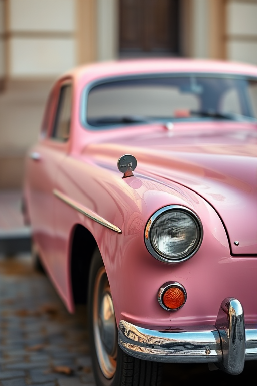 A vintage pink car parked against a blurred background, captured with a Canon EOS R5, 50mm lens, f/1.8 aperture, ISO 100, natural lighting, shallow depth of field for enhanced detail and focus on the car.