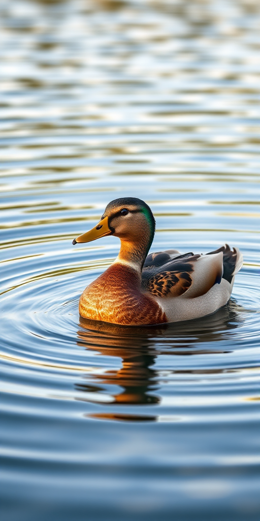 generate a detailed illustration of a duck swimming on a serene lake, using a long exposure effect to capture smooth water ripples, macro lens to enhance feather texture, soft natural lighting for a warm ambiance, shot with a digital DSLR camera at f/2.8 for shallow depth of field, focusing on the duck while blurring the background.