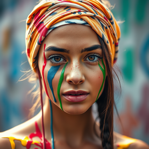 Regenerate a vibrant and detailed portrait of a young woman with a stylish headband and colorful paint dripping down her face, using a Canon EOS R5, 85mm f/1.2 lens, ISO 100, aperture f/2.8, soft natural lighting, and a shallow depth of field for a striking focus on her facial features.
