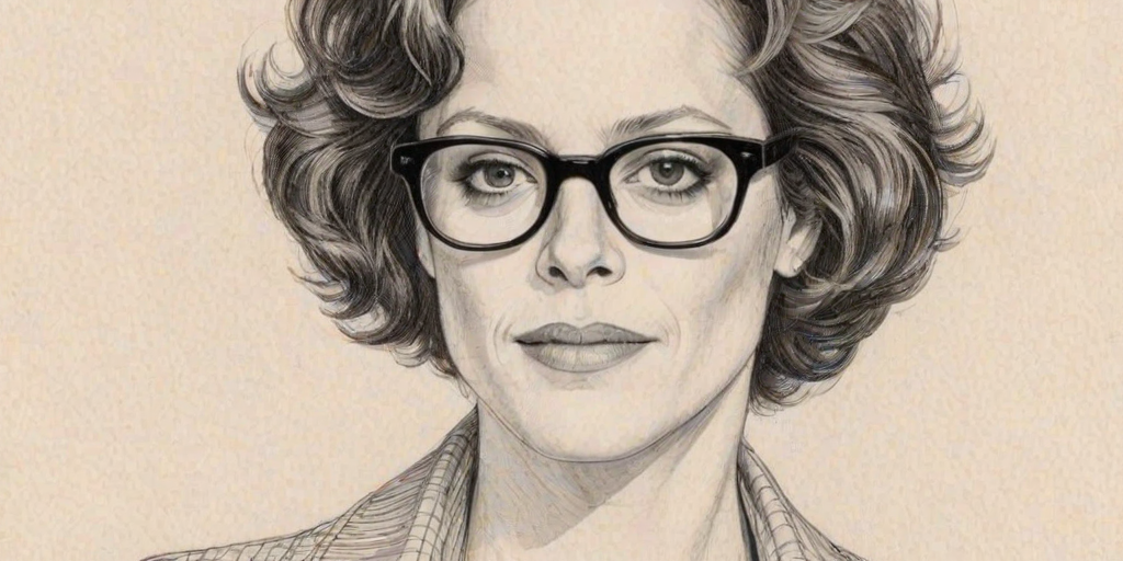 Delightful Sigourney Weaver, pencil sketch, portrait of Captivating woman 1970s in glasses, hair style beatnik, outline, clear lines, fine lines, 8k