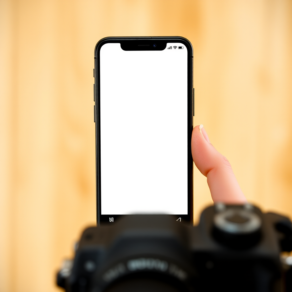 Create a high-resolution image of a smartphone with a blank screen, 50mm lens, f/1.8 aperture, 1/250 shutter speed, and ISO 100, captured from a front view using a DSLR camera.
