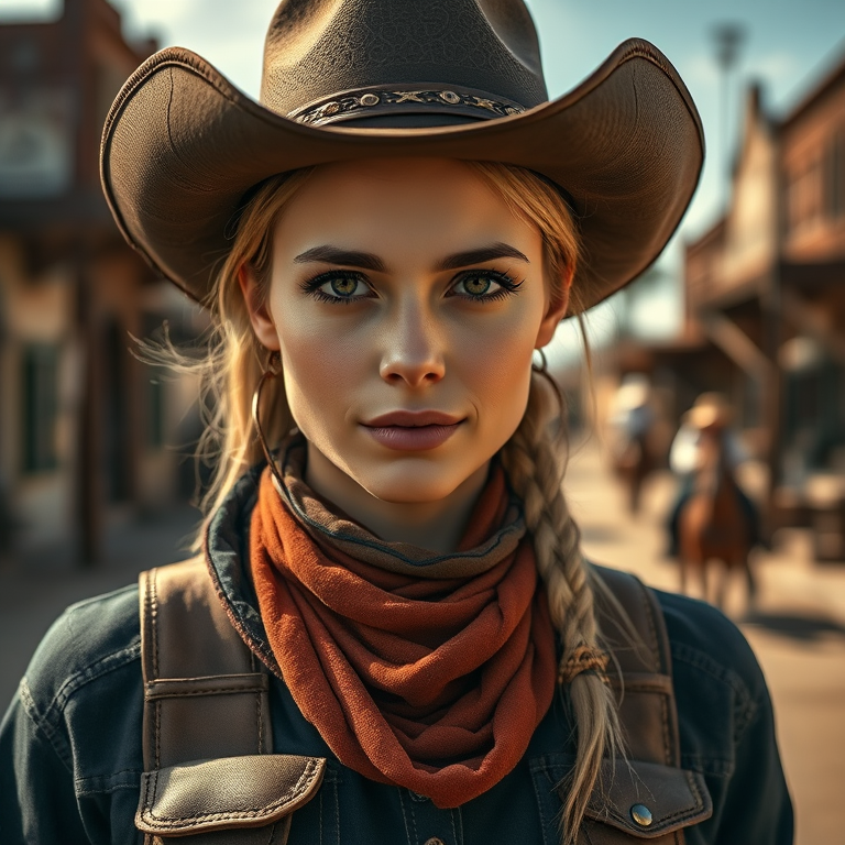 generate a highly detailed portrait of a female cowboy in a western town with dusty streets, captured with a DSLR camera at f/1.8 aperture, ISO 100, 50mm lens, natural lighting, shot from eye level for a sharp focus on the subject and a blurred background to emphasize her rugged attire and accessories.