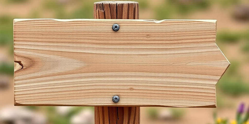 Generate an image of a wooden signpost with a blank surface, rough texture, and a few irregular edges, captured with a DSLR camera at f/4 aperture, 50mm lens, 1/125 sec shutter speed, in natural soft light, and a shallow depth of field.