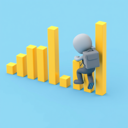 3D illustration of a small character with a backpack climbing yellow bar graphs, blue background, focus on the character, 50mm lens, f/2.8 aperture, ISO 100, studio lighting, high-resolution render.