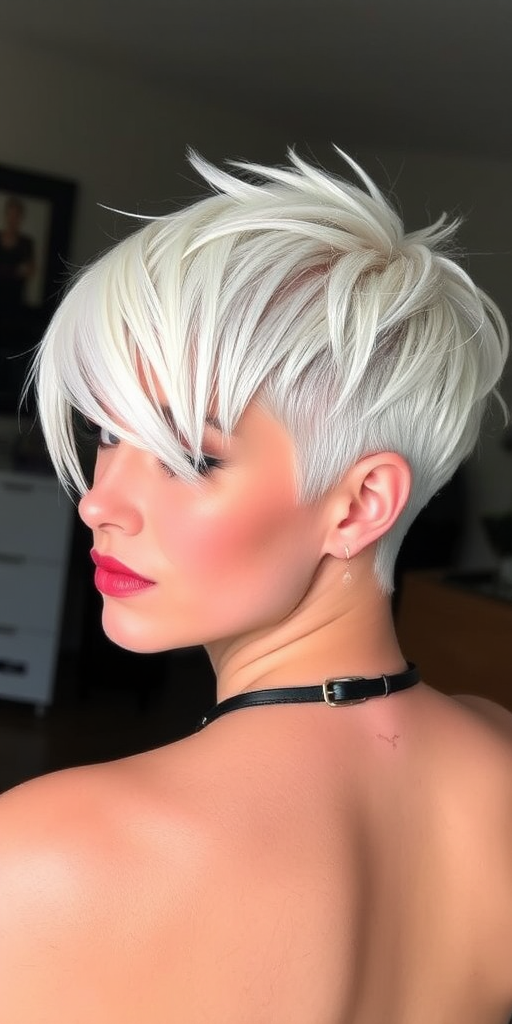 Striking platinum blonde pixie cut with edgy asymmetrical layers, featuring a bold undercut design and delicate silver streaks that catch the light, exuding confidence and modern sophistication.