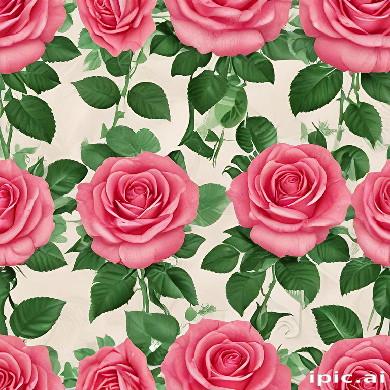 Beautiful Pattern of Pink Roses with Lush Green Leaves on Soft Background.