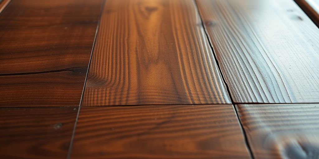 Create a realistic wooden table with rich textures and reflections, captured in a high-resolution, 50mm lens, f/2.8 aperture, ISO 100, natural lighting, and a slight overhead angle for depth.