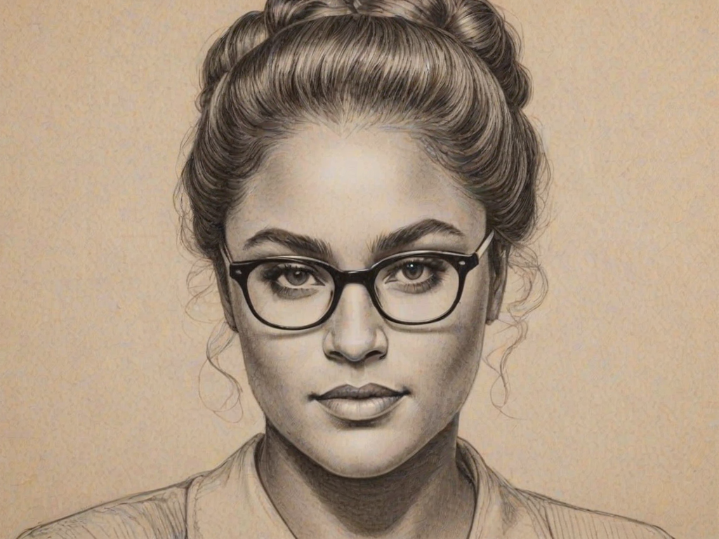 Captivating Danielle Brooks, pencil sketch, portrait of Fetching woman 1947s in glasses, hair style beatnik, outline, clear lines, fine lines, 8k