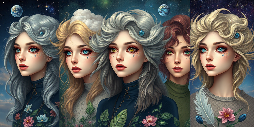 Create a series of imaginative portraits where each subject is infused with elements of fantasy and nature. The hair of the individuals should flow like clouds, varying from soft, fluffy cumulus to wispy cirrus strands, with hints of color reflecting a sunset or a clear blue sky. The eyes should be windows to entire galaxies, with stars, nebulae, and distant planets visible within them. Clothing should be adorned with nature motifs, such as floral patterns that bloom and change, vines that seem to grow and wrap around, or feathers that shimmer with iridescence. Each portrait should capture a unique personality, blending human features with the ethereal beauty of the natural and cosmic world. The backgrounds can vary, from starry night skies to enchanted forests, adding depth and context to the magical realism of the portraits