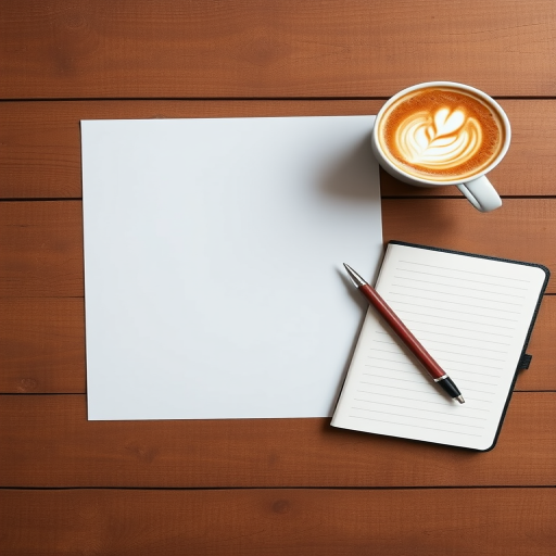 A flat lay composition featuring a blank white sheet of paper on a wooden table, with an open notebook, a pen, and a cup of coffee with latte art, captured with a Canon EOS R, 50mm lens, aperture f/2.8, shutter speed 1/60s, natural light, with a focus on texture and depth.