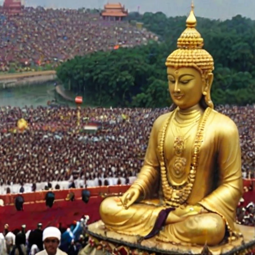 A grand religious gathering, huge statues, grand scenes