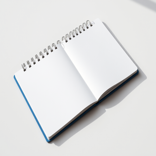 a flat lay view of an open spiral notebook with a blue cover and blank white pages, natural lighting, captured with a DSLR camera at 50mm focal length, aperture f/2.8, ISO 100, high resolution