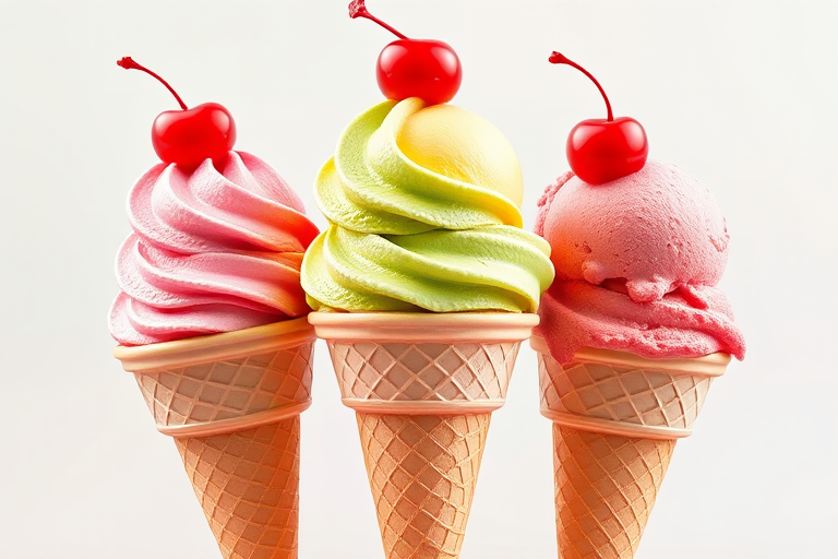 Generate a vibrant, colorful illustration of three ice cream cones with pink, green, yellow, and red scoops, topped with cherries, using a high-resolution digital illustration style, shot from a slightly elevated angle with soft lighting and a focus on the textures of the ice cream and cone, using a DSLR camera with a f/4 aperture and 50mm lens.