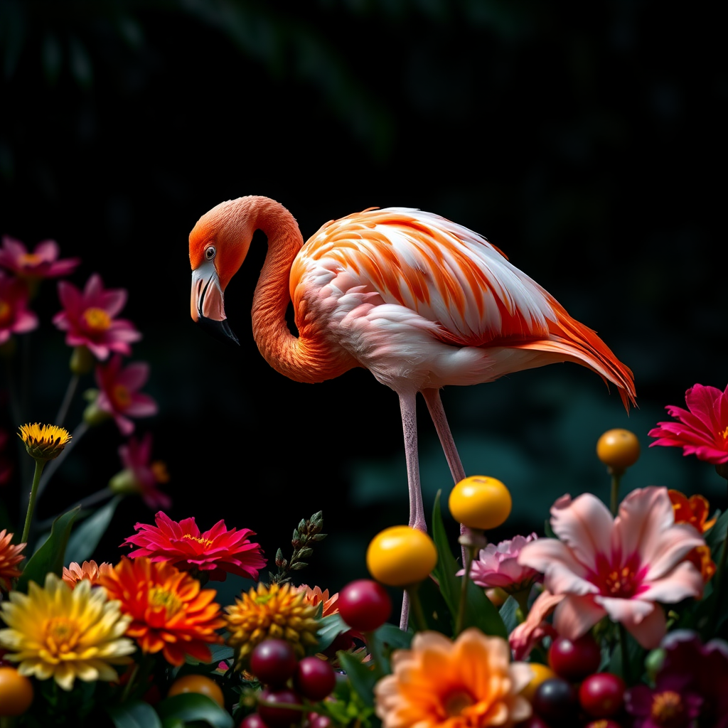 flamingo surrounded by vibrant flowers and fruits in a dark setting, soft focus background, shot with a Canon EOS R5, 85mm f/1.2 lens, ISO 100, aperture f/2.8, 1/125s shutter speed, backlighting to enhance texture and depth