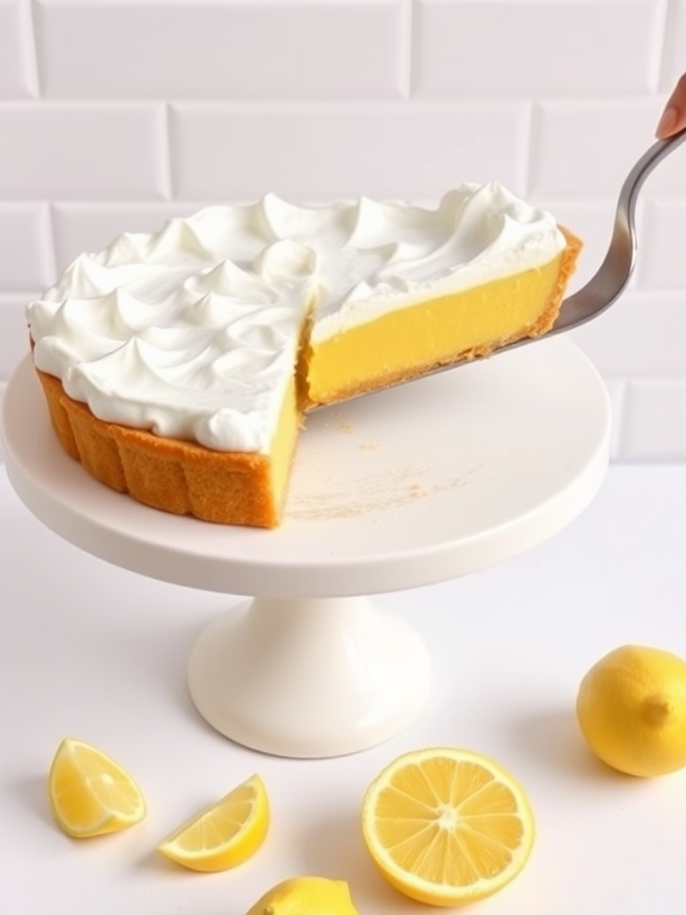 A lemon meringue pie on a white cake stand with a slice being served a few pieces of lemon around the pie the background is a simple white tile pattern