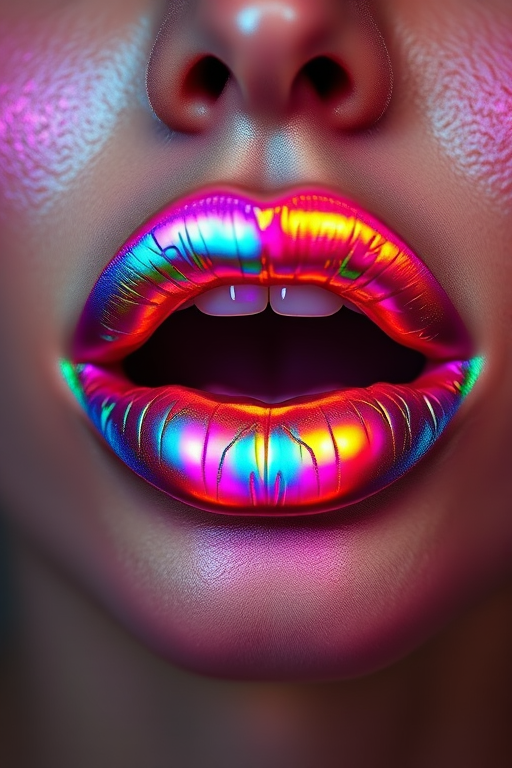 Dazzling holographic lips shift colors with every movement, creating a mesmerizing rainbow effect that captivates viewers and pushes the boundaries of lip artistry