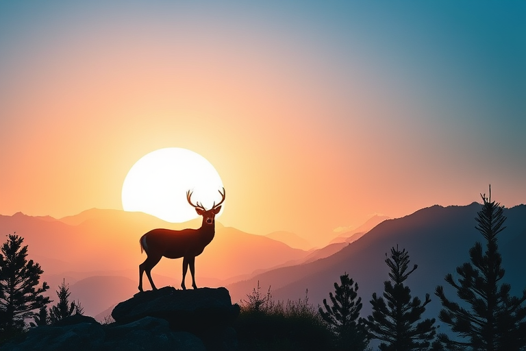 regenerate a serene landscape featuring a silhouette of a deer on a rocky outcrop with a large sun setting behind mountains, blend soft pastel colors in the sky, include pine trees in the foreground, use a DSLR camera with a 50mm lens, aperture f/5.6, ISO 100, shot in natural light at golden hour for enhanced detail and richness in colors