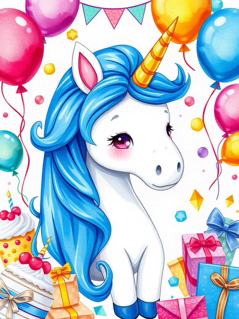 Create a vibrant and playful illustration featuring a whimsical unicorn with a blue mane surrounded by colorful birthday elements like balloons, cakes, and presents, using a watercolor style, shot with a DSLR camera at f/2.8, ISO 100, and a 50mm lens from a close-up perspective to enhance detail and color saturation.