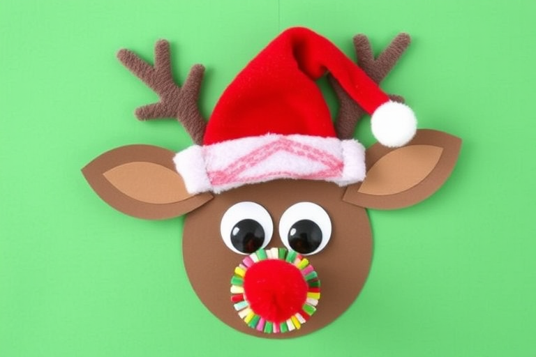 Create a playful holiday-themed image featuring a reindeer face made from various craft materials. The reindeer should have a red Santa hat, large googly eyes, and a colorful pom-pom nose. The background should be a solid, vibrant color to enhance the festive look.