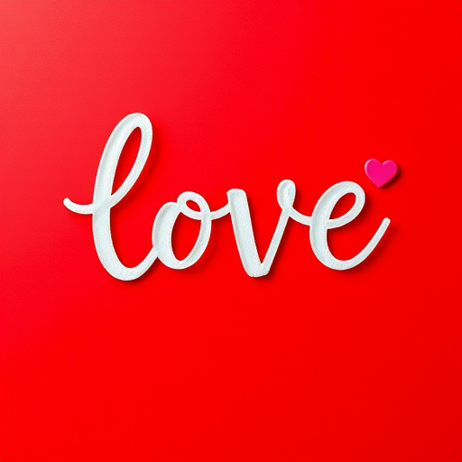 Create a high-resolution digital artwork featuring the word "love" in a playful cursive style, with a heart symbol, against a vibrant red background, using a Canon EOS R5 camera, f/1.8 aperture, 50mm lens, and soft natural lighting to enhance the color contrast and depth.