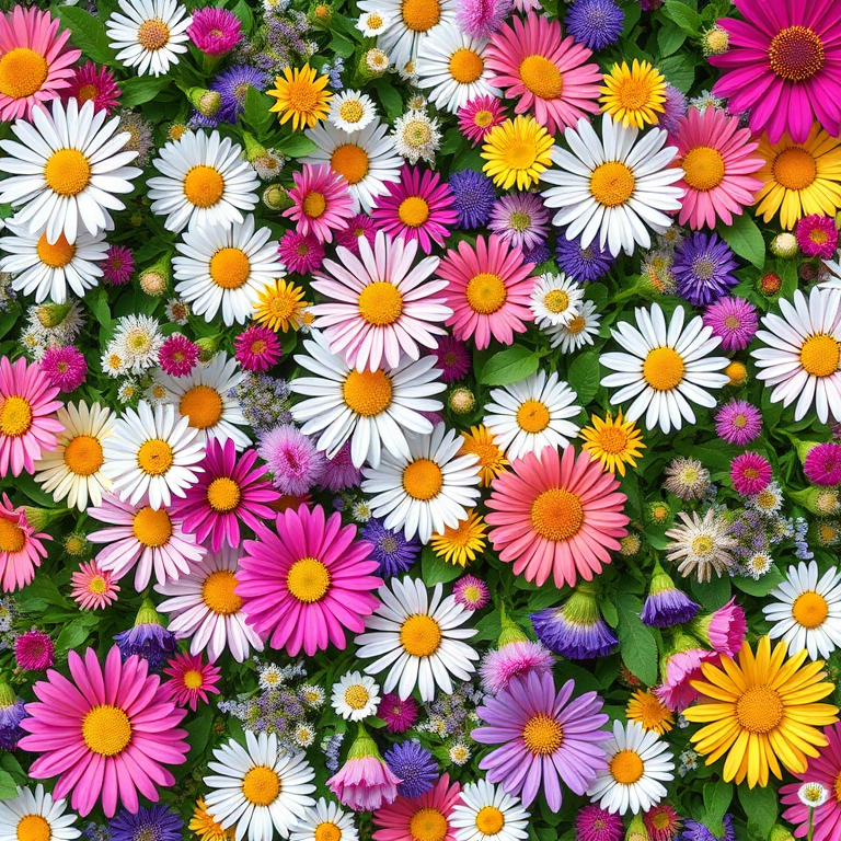 Generate a vibrant floral pattern featuring a variety of colorful flowers, including daisies, wildflowers, and lush greenery, captured with a DSLR camera at f/2.8 aperture, ISO 100, 50mm lens, natural lighting, top-down view to enhance details and colors.
