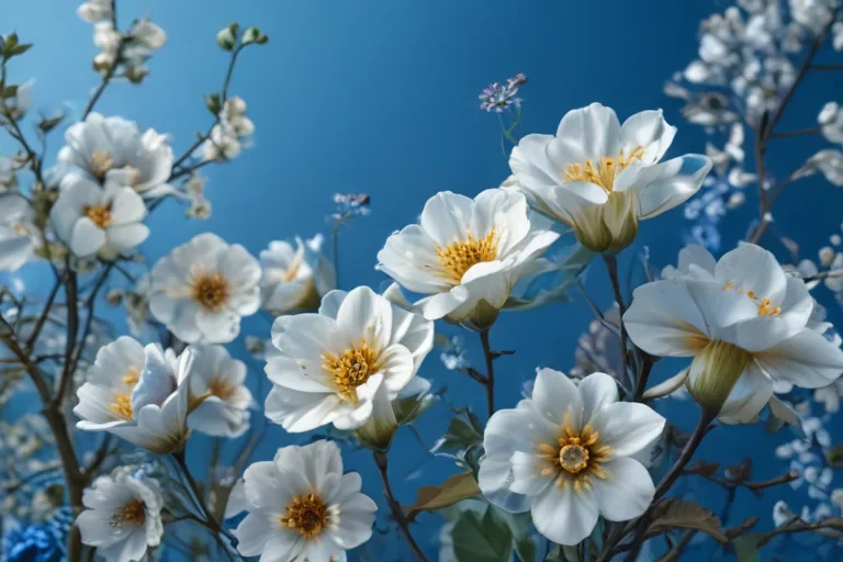 Delicate White Flowers Blooming Against a Beautiful Blue Sky Background