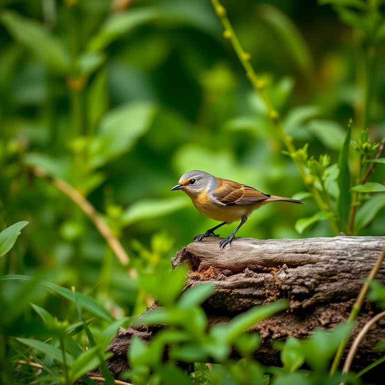 A small bird perched on a log surrounded by green foliage, shot with a Canon EOS 5D Mark IV, 200mm lens, aperture f/4.0, ISO 400, natural light, shallow depth of field.