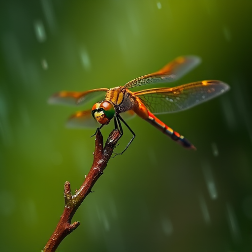 dragonfly perched on a branch in the rain, high-resolution macro photography, aperture f/2.8, shutter speed 1/500s, ISO 200, 100mm macro lens, natural lighting, soft focus background, vivid colors