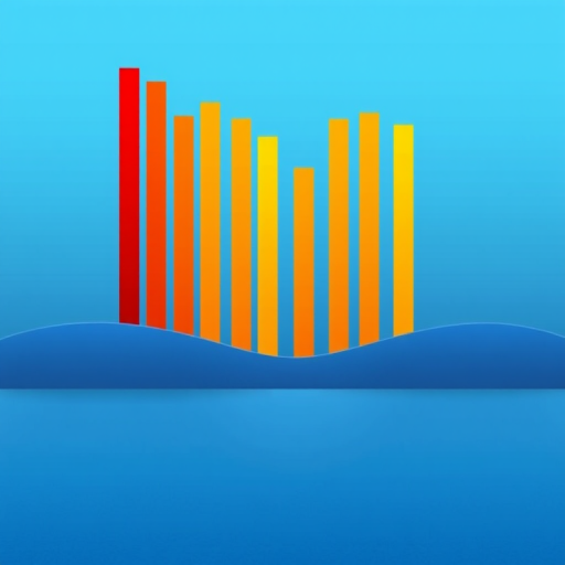 Create an abstract graphic with vertical bars of gradient colors ranging from red to orange to yellow, set against a blue sky background with smooth horizontal lines leading into the foreground, captured using a DSLR camera at f/8 aperture, ISO 100, with a wide-angle lens for enhanced clarity and depth.