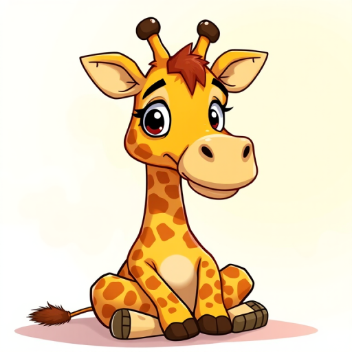 Create a cartoon illustration of a friendly giraffe sitting down, with exaggerated features and vibrant colors, using a digital art style, captured in a high-resolution format, with a focus on sharp details and a soft background blur to enhance the giraffe's appeal, using a digital camera setting of f/2.8 to isolate the subject, with an 85mm lens for a close-up view.