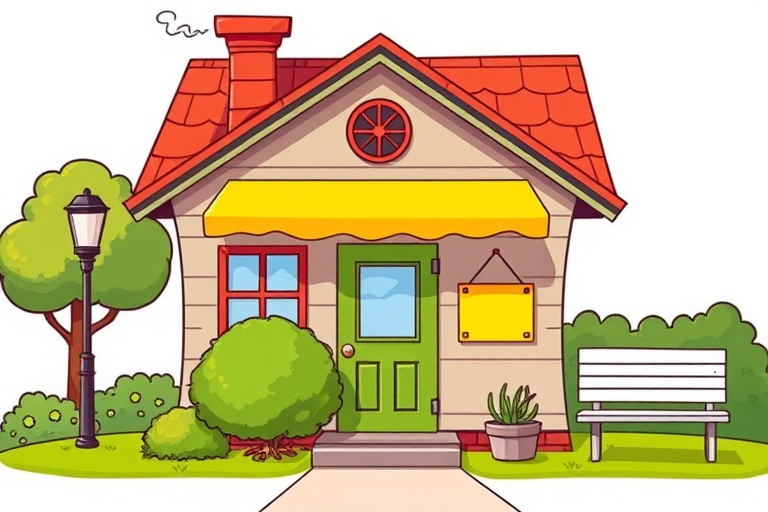 Create a vibrant illustration of a cartoon-style house with a yellow awning, a chimney emitting a small puff of smoke, a green door, a sign hanging from the door, a bush next to the house, a streetlamp, and a white bench nearby, using a 50mm lens, f/8 aperture, ISO 100, in a well-lit midday setting, capturing bright colors and clear details.