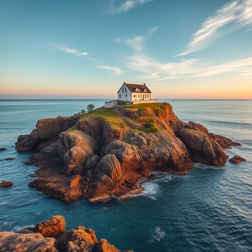 Regenerate the image of a coastal landscape with a rocky island featuring a house on top, shot with a Canon EOS 5D Mark IV, 24mm lens, f/8, ISO 100, with a wide-angle view and high dynamic range to enhance clarity and vibrancy.