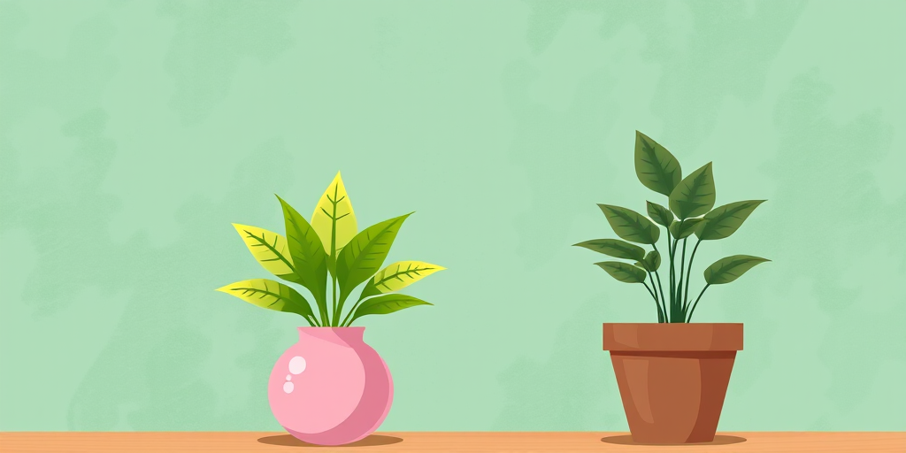 Create a high-resolution illustration of two decorative plants, one in a pink vase and the other in a brown pot, set against a textured green background, using a digital art style, with a focus on vibrant colors and smooth shading, simulating a DSLR camera with a 50mm lens, aperture at f/2.8 for depth of field, and a slight bokeh effect in the background.